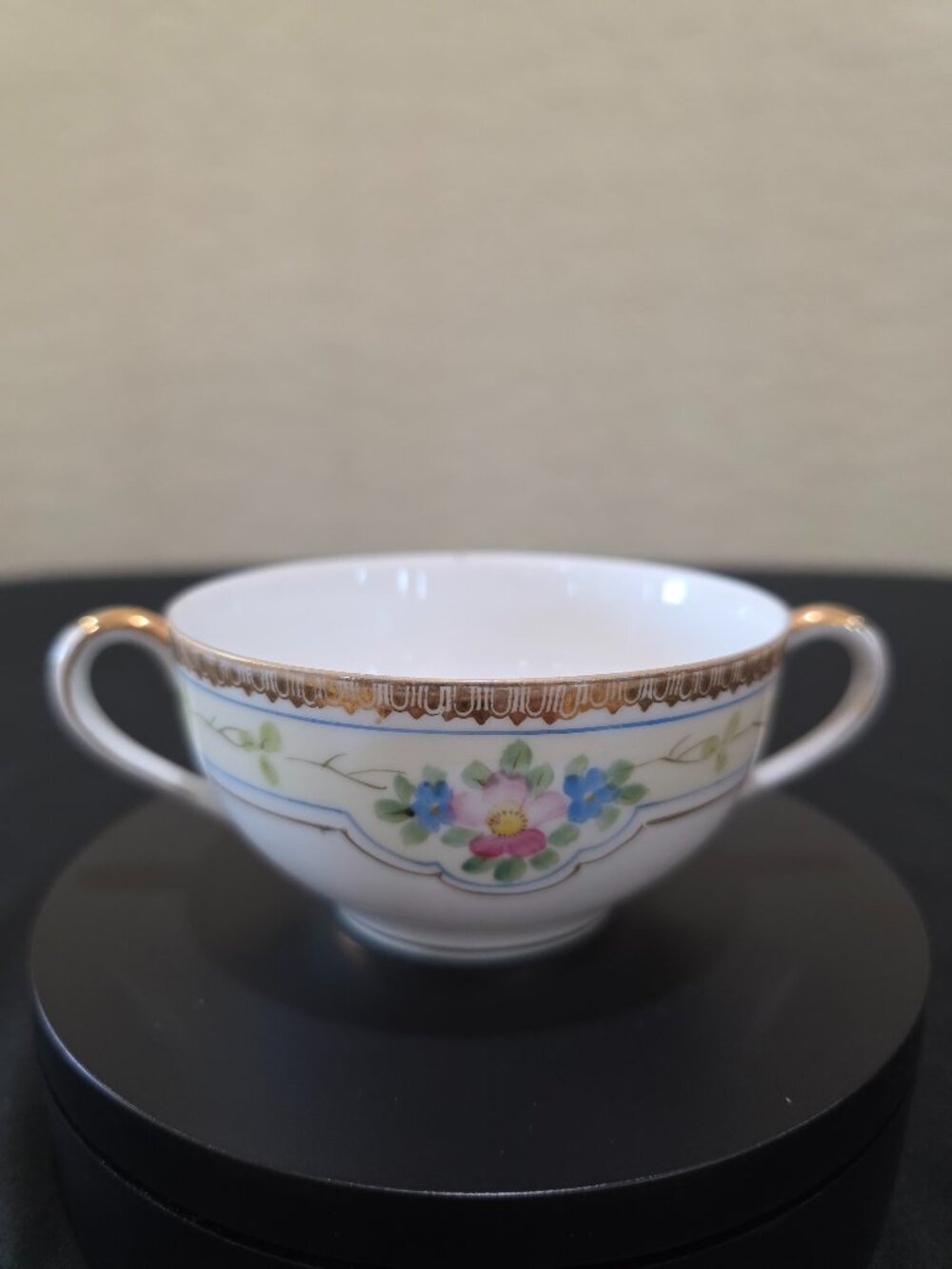 NIPPON Vintage Hand Painted Flower Porcelain Gold Accent Double Handle Tea Cup
